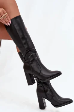 Kozaki Damskie Na Słupku Z Eko Skóry Ocieplane Czarne Lyvella