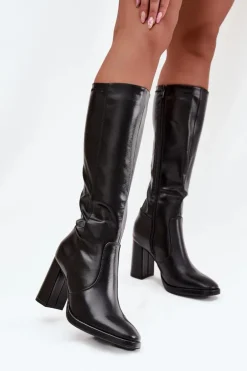Kozaki Damskie Na Słupku Z Eko Skóry Ocieplane Czarne Lyvella