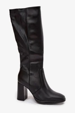 Kozaki Damskie Na Słupku Z Eko Skóry Ocieplane Czarne Lyvella