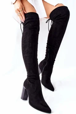 Kozaki Damskie Na Słupku Zamszowe Czarne Monleek