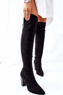 Kozaki Damskie Na Słupku Zamszowe Czarne Monleek