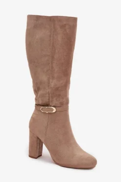 Kozaki Damskie Na Słupku Ze Złotą Klamrą Ocieplane Beżowe Seraphine