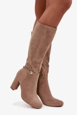 Kozaki Damskie Na Słupku Ze Złotą Klamrą Ocieplane Beżowe Seraphine