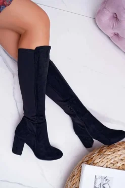 Kozaki Damskie Na Słupku Zamszowe z Lycrą Czarne Machine