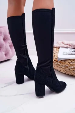 Kozaki Damskie Na Słupku Zamszowe z Lycrą Czarne Machine