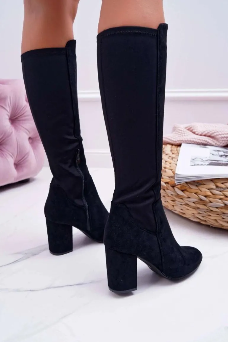 Kozaki Damskie Na Słupku Zamszowe z Lycrą Czarne Machine