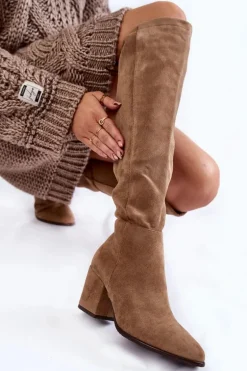 Kozaki Damskie Na Słupku Zamszowe Beżowe Corrig