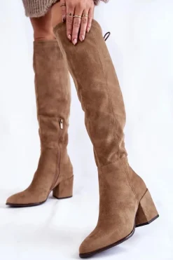 Kozaki Damskie Na Słupku Zamszowe Beżowe Corrig