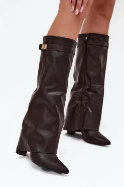 Kozaki Damskie Na Słupku Z Wywiniętą Cholewką I Złotym Detalem Czekoladowe Diorna