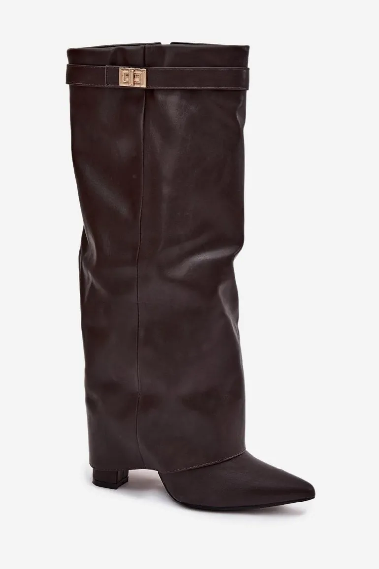 Kozaki Damskie Na Słupku Z Wywiniętą Cholewką I Złotym Detalem Czekoladowe Diorna