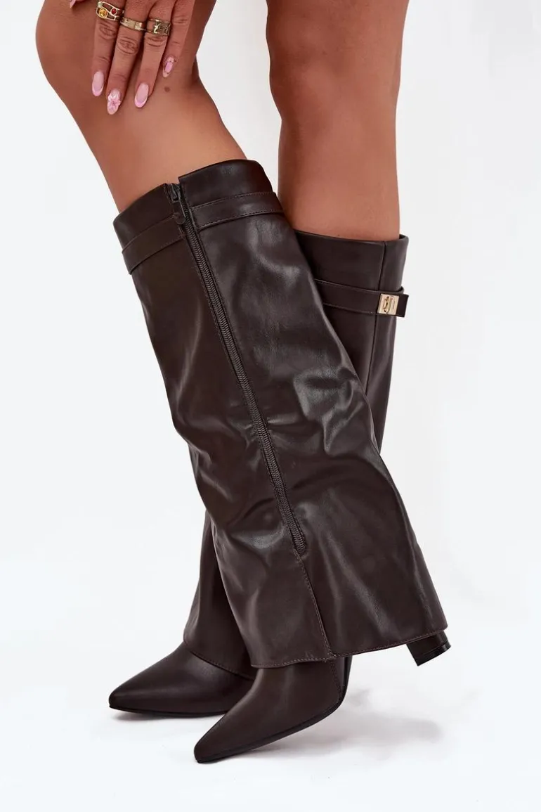 Kozaki Damskie Na Słupku Z Wywiniętą Cholewką I Złotym Detalem Czekoladowe Diorna