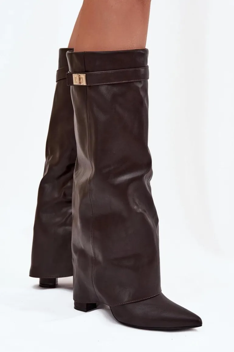 Kozaki Damskie Na Słupku Z Wywiniętą Cholewką I Złotym Detalem Czekoladowe Diorna