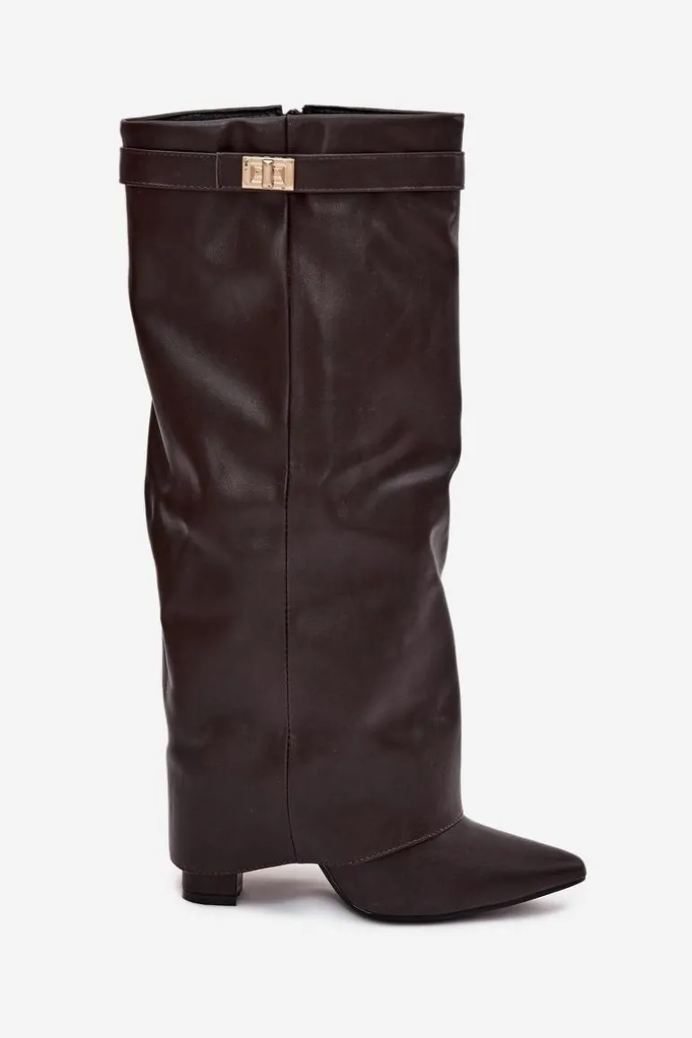 Kozaki Damskie Na Słupku Z Wywiniętą Cholewką I Złotym Detalem Czekoladowe Diorna