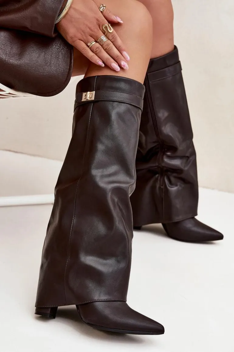 Kozaki Damskie Na Słupku Z Wywiniętą Cholewką I Złotym Detalem Czekoladowe Diorna