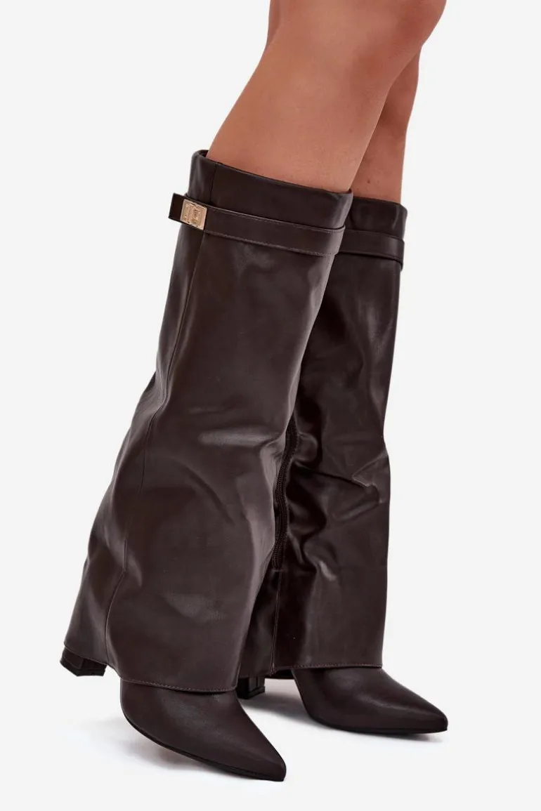 Kozaki Damskie Na Słupku Z Wywiniętą Cholewką I Złotym Detalem Czekoladowe Diorna