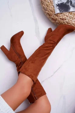 Kozaki Damskie Na Słupku Zamszowe Camel Classy