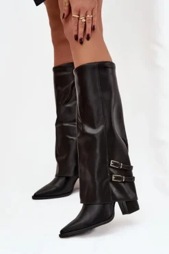 Kozaki Damskie Na Słupku Z Wywiniętą Cholewką I Klamrami Jessae Czarne