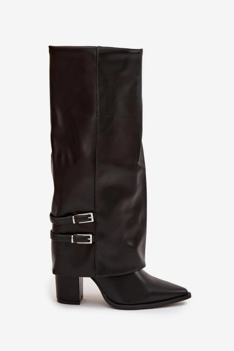 Kozaki Damskie Na Słupku Z Wywiniętą Cholewką I Klamrami Jessae Czarne