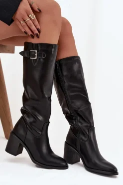 Kozaki Damskie Na Słupku Z Klamrą Czarne Brenira