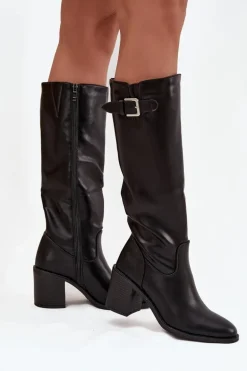 Kozaki Damskie Na Słupku Z Klamrą Czarne Brenira