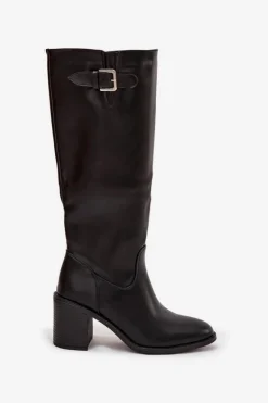 Kozaki Damskie Na Słupku Z Klamrą Czarne Brenira