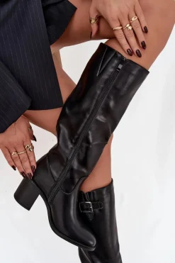 Kozaki Damskie Na Słupku Z Klamrą Czarne Brenira