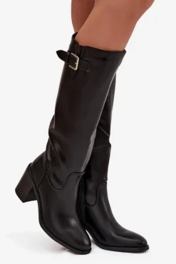 Kozaki Damskie Na Słupku Z Klamrą Czarne Brenira