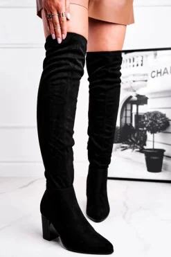 Kozaki Damskie Na Słupku Zamszowe Czarne Victoria