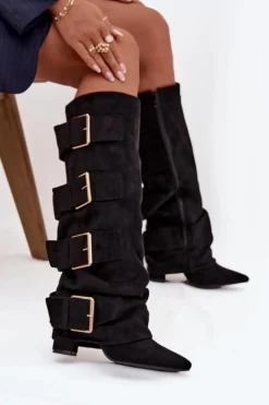 Kozaki Damskie Na Słupku Z Wywiniętą Cholewką I Złotymi Klamrami Eko Zamszowe Czarne Isavelle