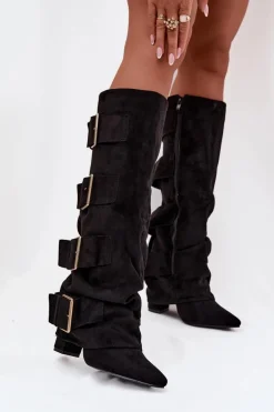 Kozaki Damskie Na Słupku Z Wywiniętą Cholewką I Złotymi Klamrami Eko Zamszowe Czarne Isavelle