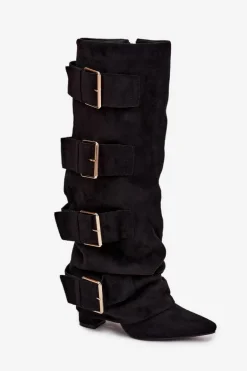 Kozaki Damskie Na Słupku Z Wywiniętą Cholewką I Złotymi Klamrami Eko Zamszowe Czarne Isavelle