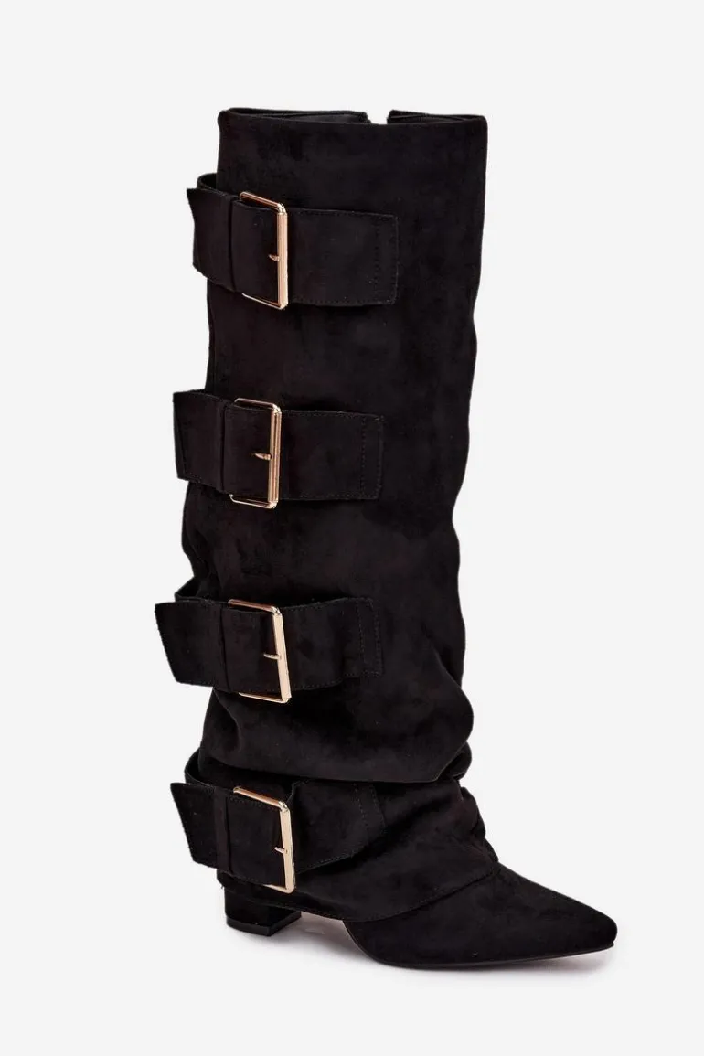 Kozaki Damskie Na Słupku Z Wywiniętą Cholewką I Złotymi Klamrami Eko Zamszowe Czarne Isavelle