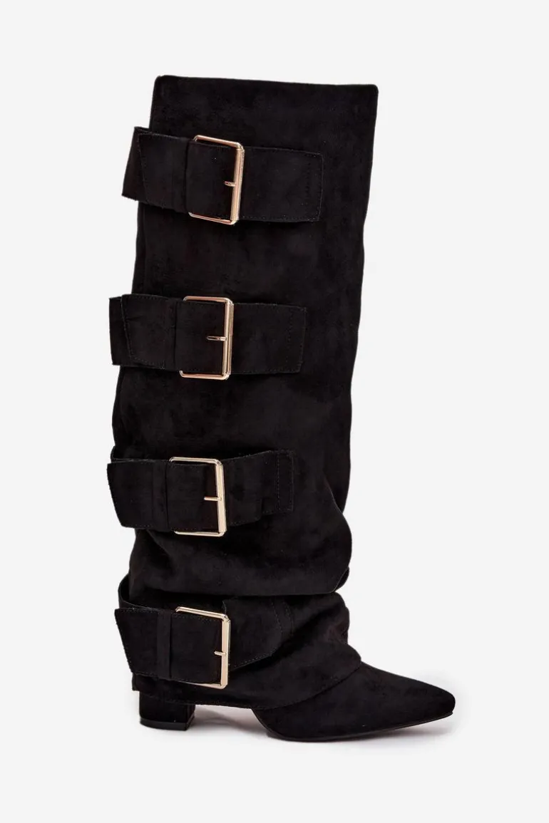 Kozaki Damskie Na Słupku Z Wywiniętą Cholewką I Złotymi Klamrami Eko Zamszowe Czarne Isavelle