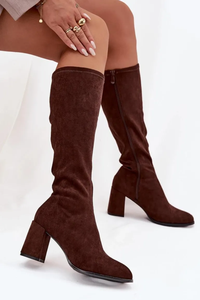 Kozaki Damskie Na Słupku Z Eko Zamszu Czekoladowe Yelisse