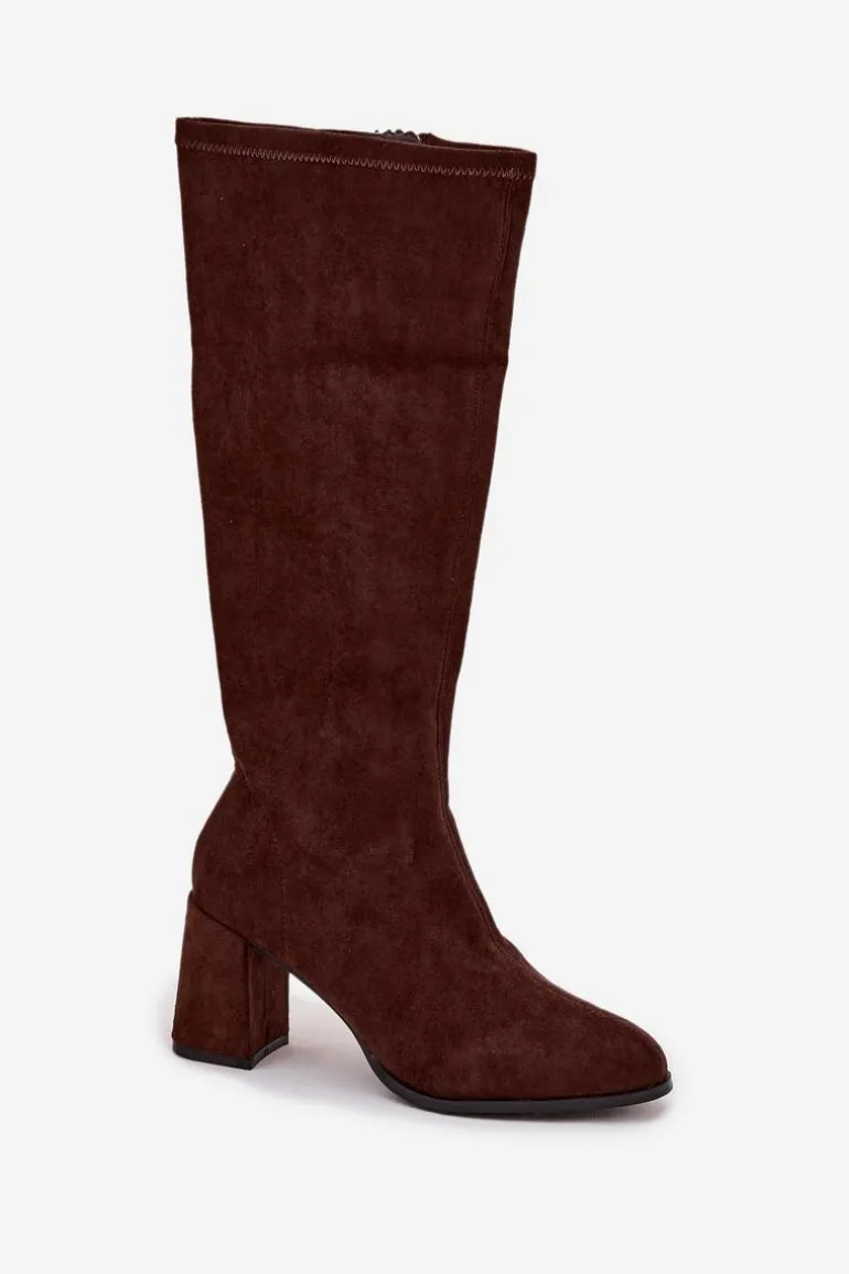 Kozaki Damskie Na Słupku Z Eko Zamszu Czekoladowe Yelisse