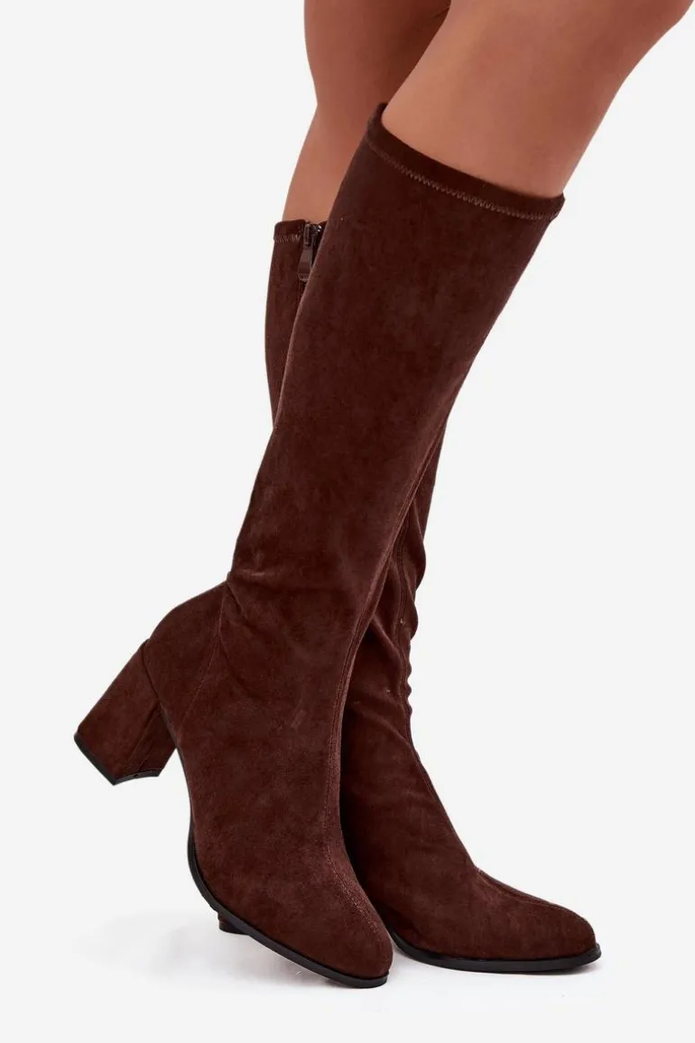 Kozaki Damskie Na Słupku Z Eko Zamszu Czekoladowe Yelisse