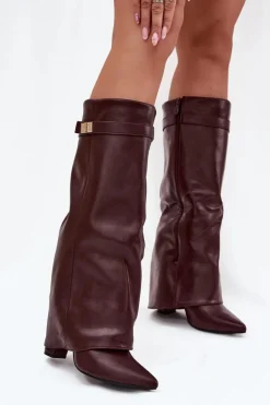 Kozaki Damskie Na Słupku Z Wywiniętą Cholewką I Złotym Detalem Bordowe Diorna