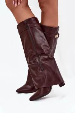 Kozaki Damskie Na Słupku Z Wywiniętą Cholewką I Złotym Detalem Bordowe Diorna