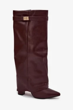 Kozaki Damskie Na Słupku Z Wywiniętą Cholewką I Złotym Detalem Bordowe Diorna