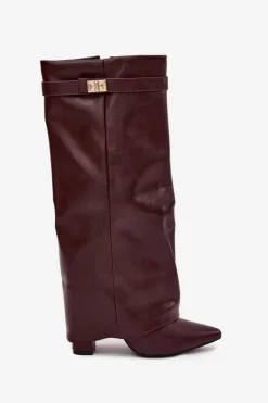 Kozaki Damskie Na Słupku Z Wywiniętą Cholewką I Złotym Detalem Bordowe Diorna