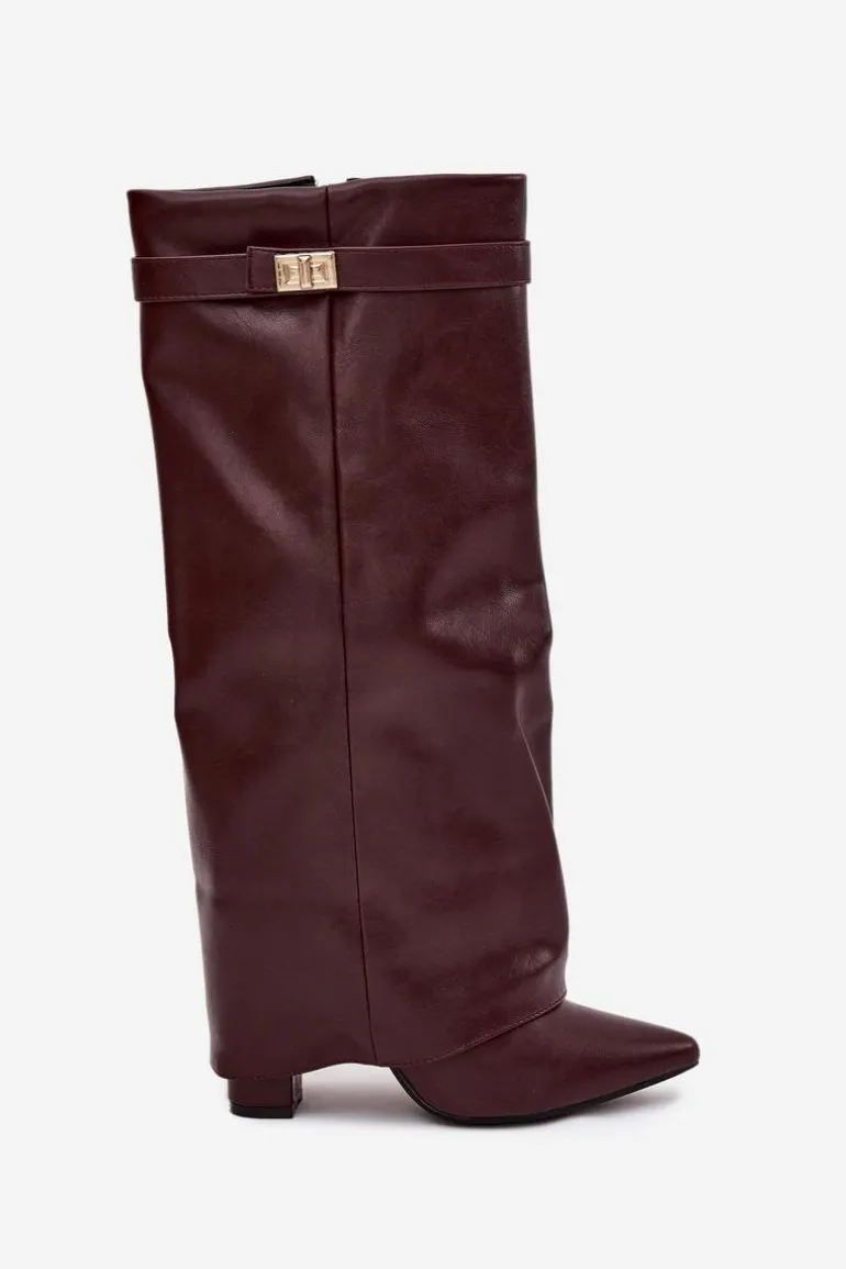 Kozaki Damskie Na Słupku Z Wywiniętą Cholewką I Złotym Detalem Bordowe Diorna