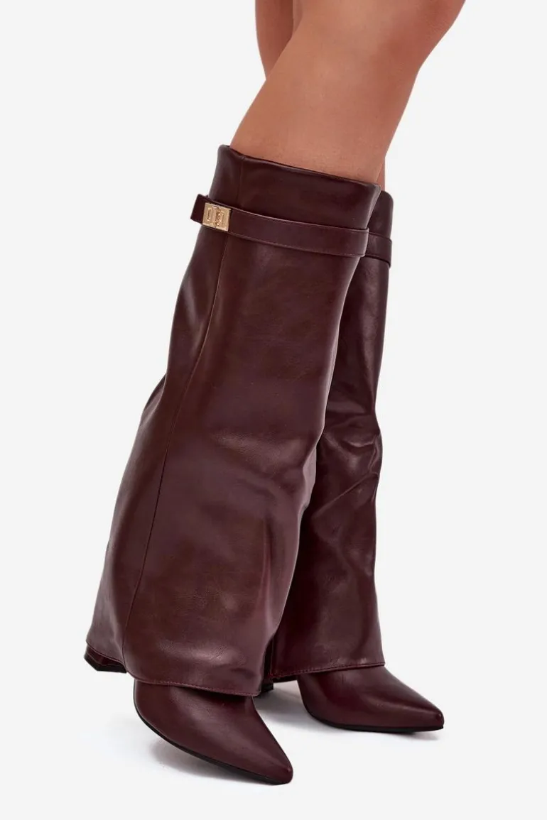 Kozaki Damskie Na Słupku Z Wywiniętą Cholewką I Złotym Detalem Bordowe Diorna