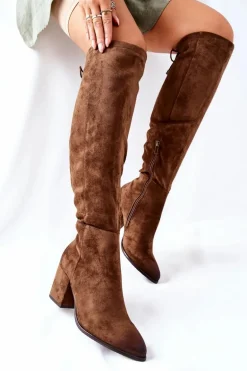 Kozaki Damskie Na Słupku Zamszowe Brązowe Corrig