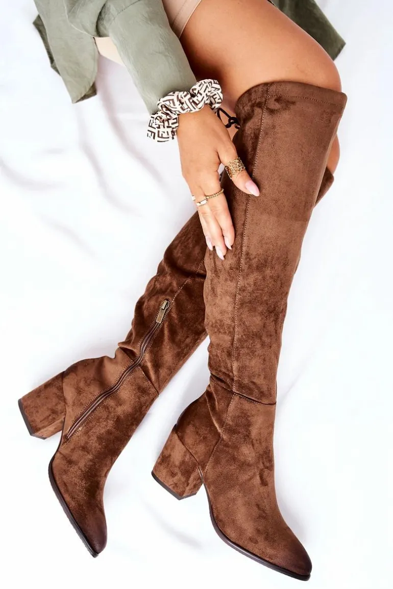 Kozaki Damskie Na Słupku Zamszowe Brązowe Corrig