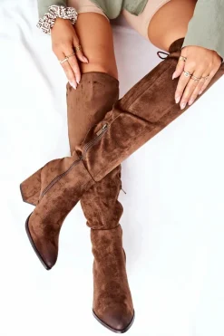 Kozaki Damskie Na Słupku Zamszowe Brązowe Corrig