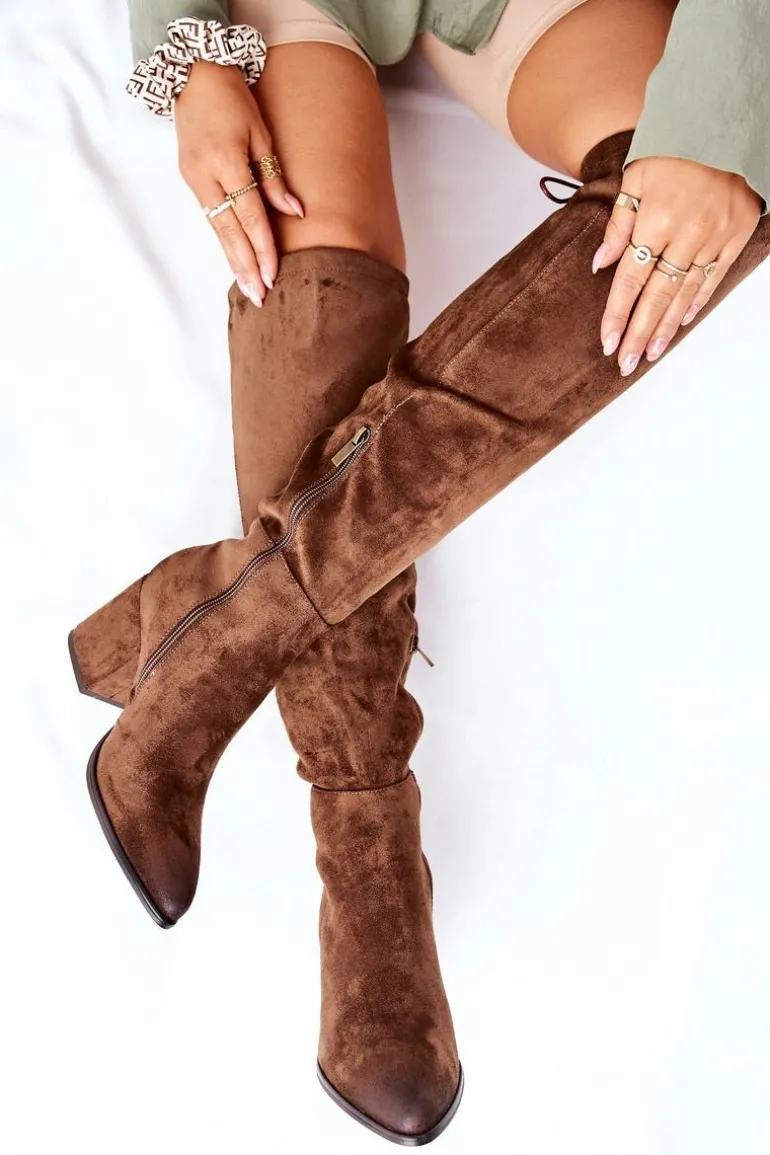 Kozaki Damskie Na Słupku Zamszowe Brązowe Corrig