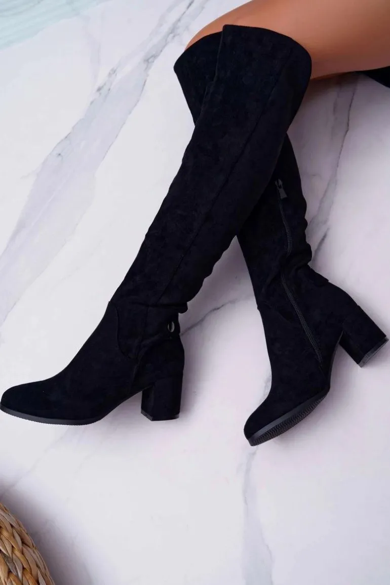 Kozaki Damskie Na Słupku Zamszowe Czarne Torgos