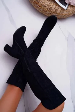 Kozaki Damskie Na Słupku Zamszowe Czarne Torgos