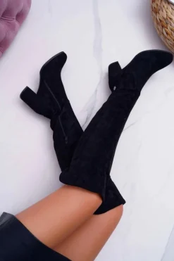 Kozaki Damskie Na Słupku Zamszowe Czarne Torgos