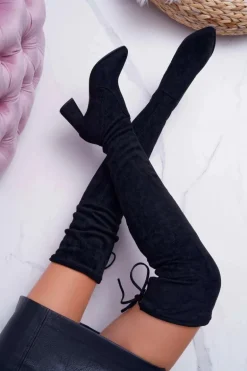 Kozaki Damskie Na Słupku Zamszowe Czarne Bernet